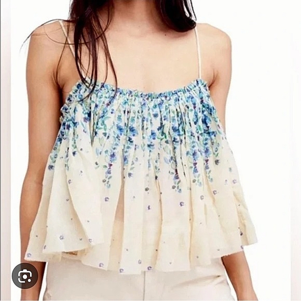 Free People Cream Floral Smocked Camisole with Blue Flower Print